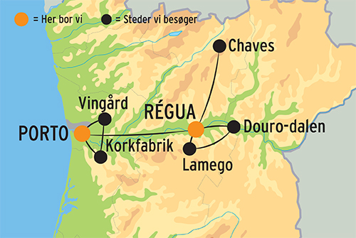 Kort over rejsen Porto og douro-dalens herligheder